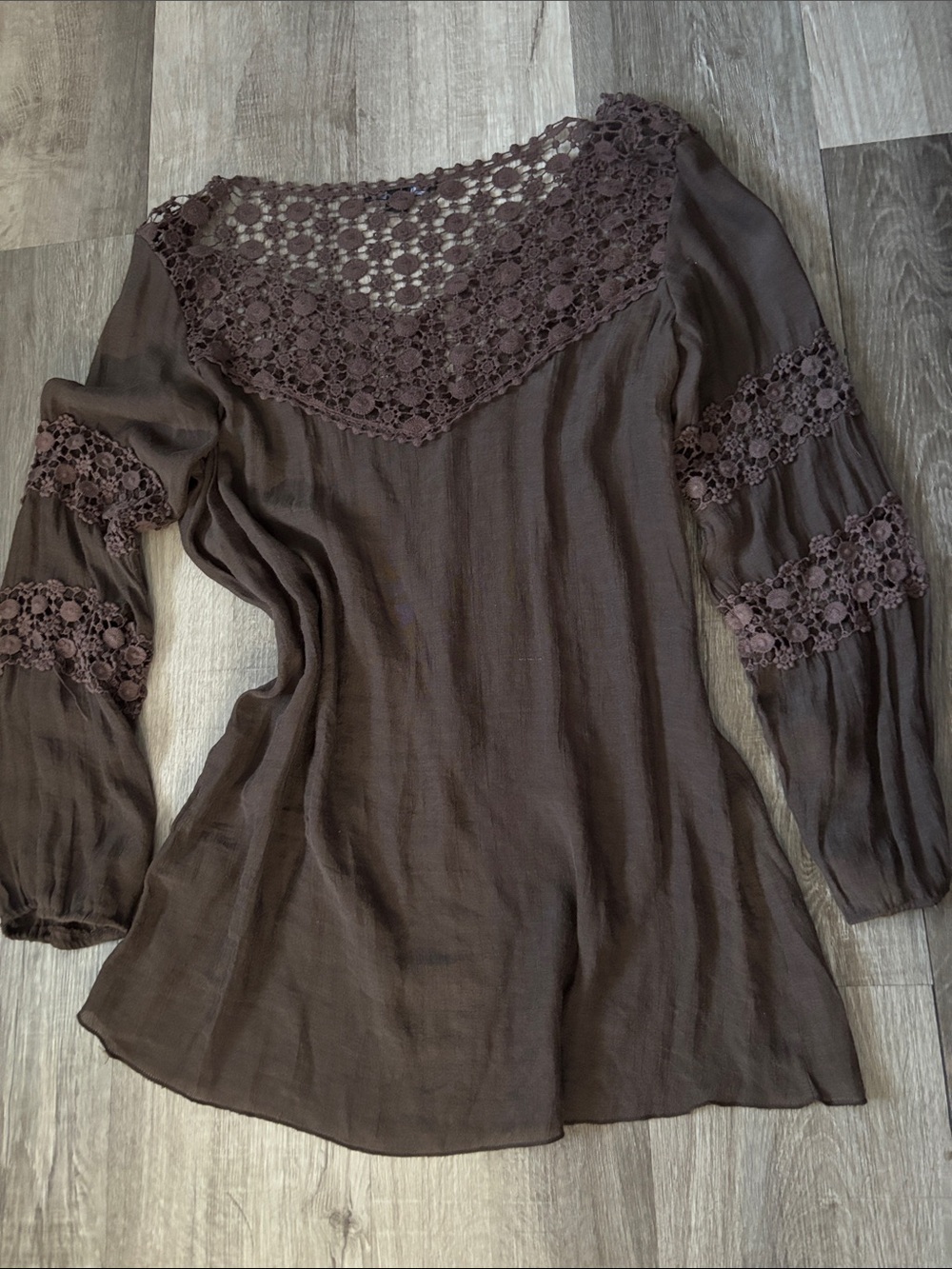Boho Crochet Yoke Tunic Top — Brown